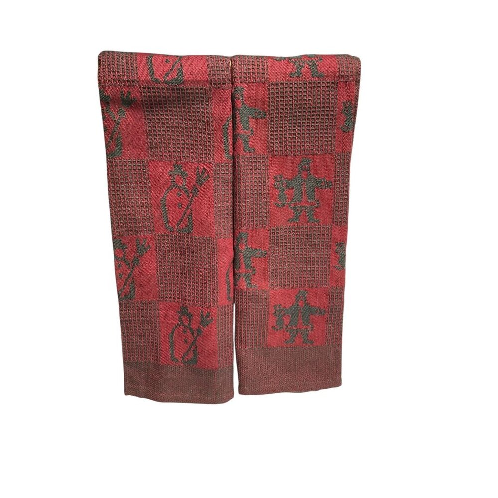 Vintage Red Checkerboard Pattern Kitchen Tea Dish Towel Primitive Artisan Set Of